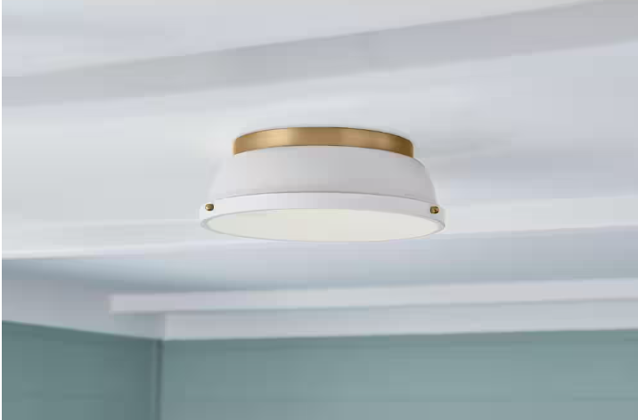Hampton Bay Taspen 14 in. White and Antique Brass CCT Color Temperature Selectable LED Flush Mount Ceiling Light Fixture
