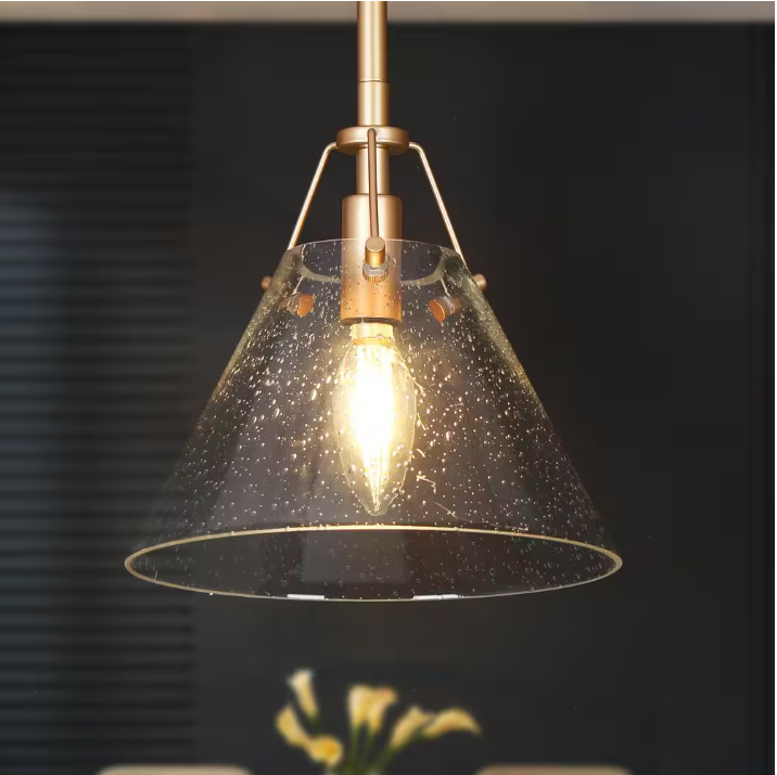 Uolfin Modern Mini Pendant Light, 1-Light Gold Kitchen Island Pendant Light with Seeded Glass Shade