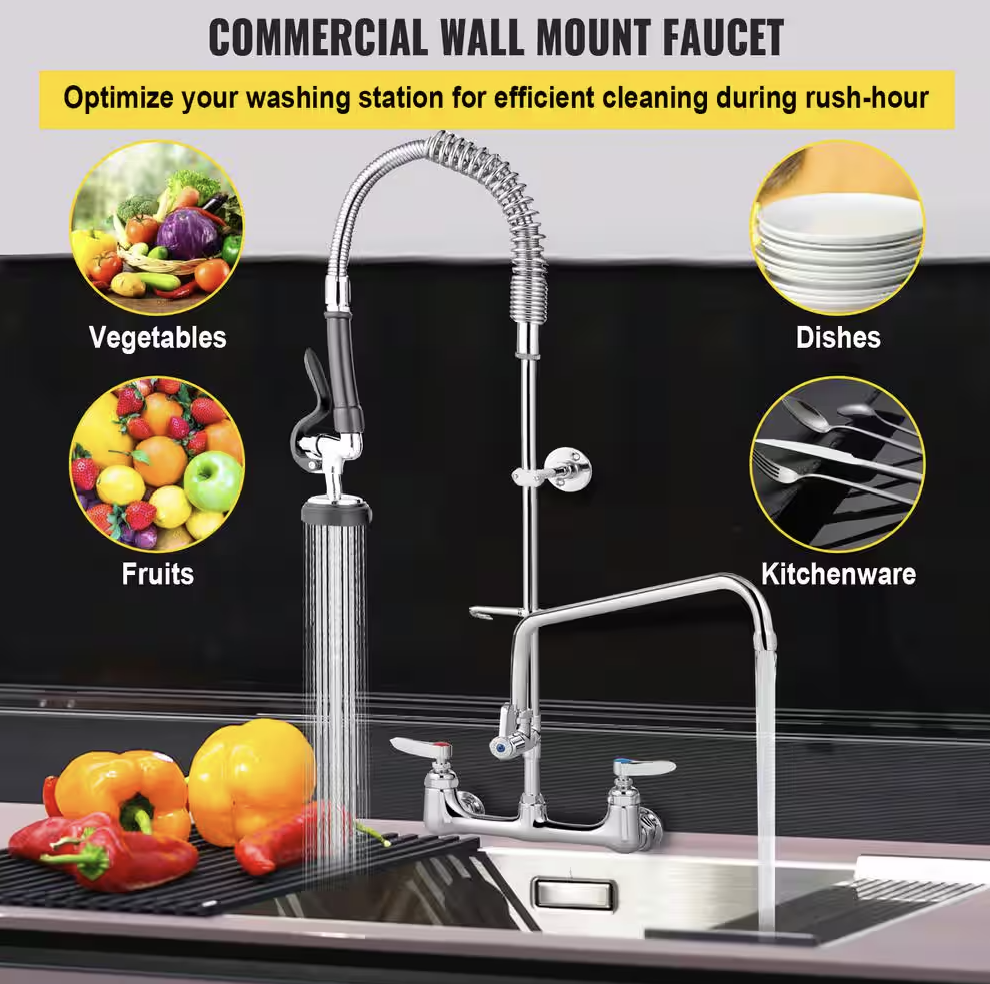 Vevor 8 in. Commercial Faucet with Pre-Rinse Sprayer Brass