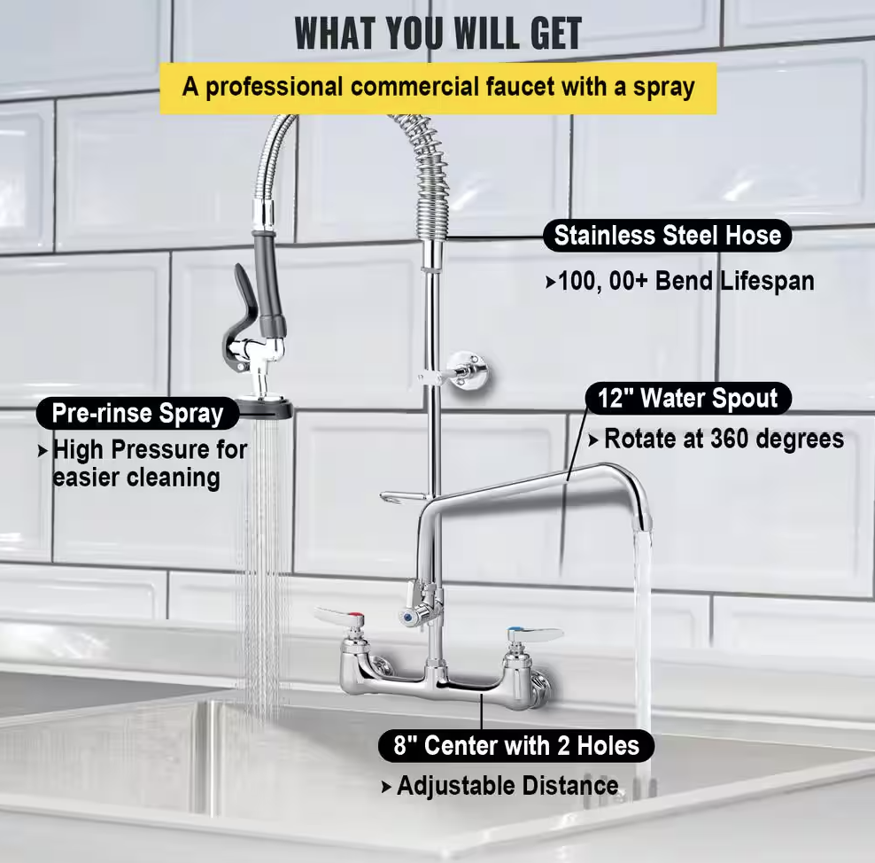 Vevor 8 in. Commercial Faucet with Pre-Rinse Sprayer Brass