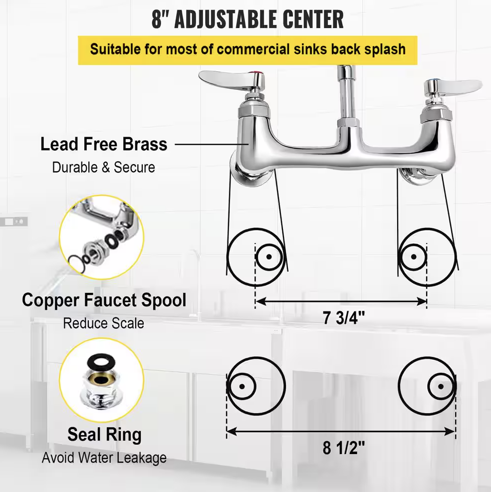 Vevor 8 in. Commercial Faucet with Pre-Rinse Sprayer Brass