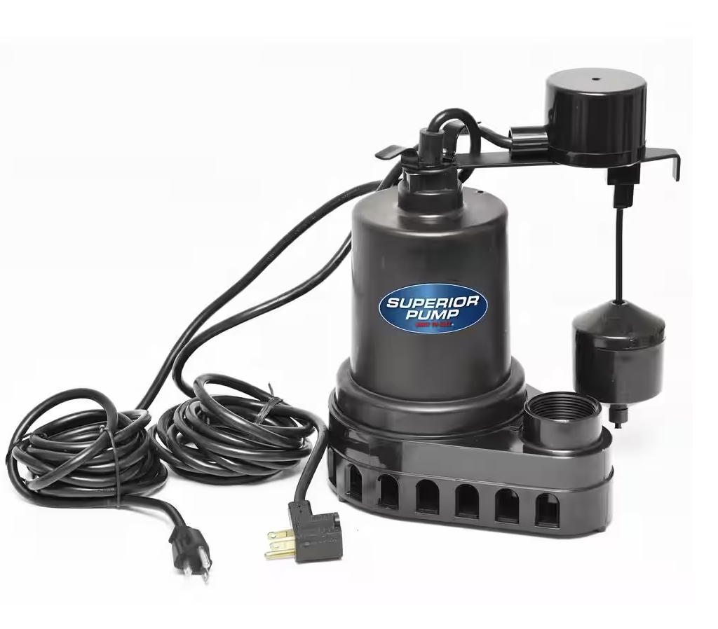 Superior Pump 92572 1/2 HP Thermoplastic Submersible Water Sump Pump with Vertical Float Switch Black