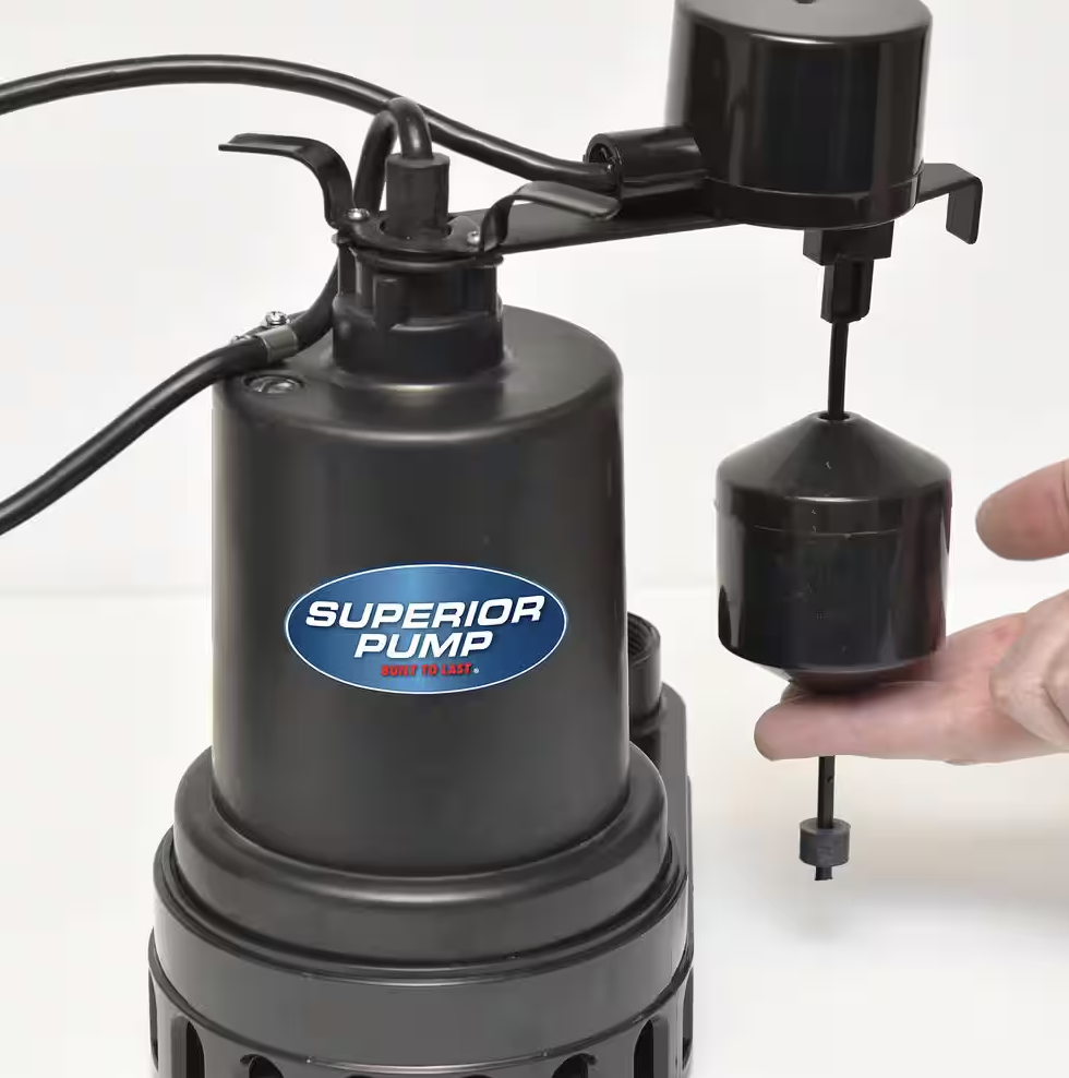 Superior Pump 92572 1/2 HP Thermoplastic Submersible Water Sump Pump with Vertical Float Switch Black