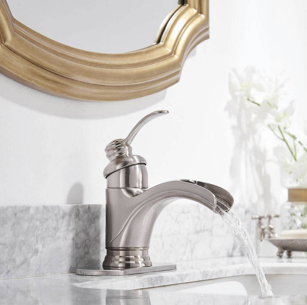 BWE Waterfall Bathroom Faucet Brushed Nickel Single Hole Single Handle Deck Mount Centerset Vanity Sink RV Antique Faucets with Water Supply Lines Com