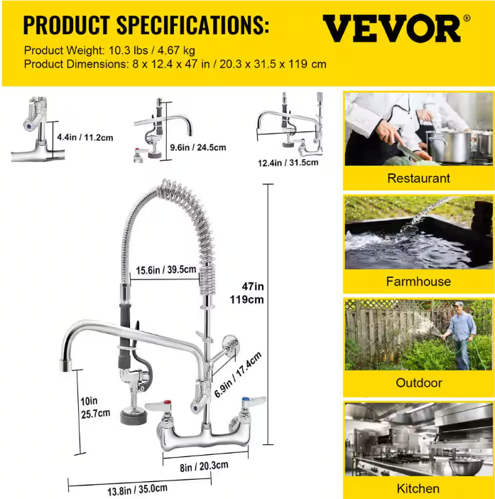 Vevor 8 in. Commercial Faucet with Pre-Rinse Sprayer Brass