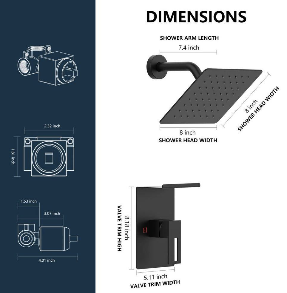 waterpar Single Handle 1-Spray 8 in. Shower Head & Faucet 2.2 GPM with Pressure Balance in Matte Black