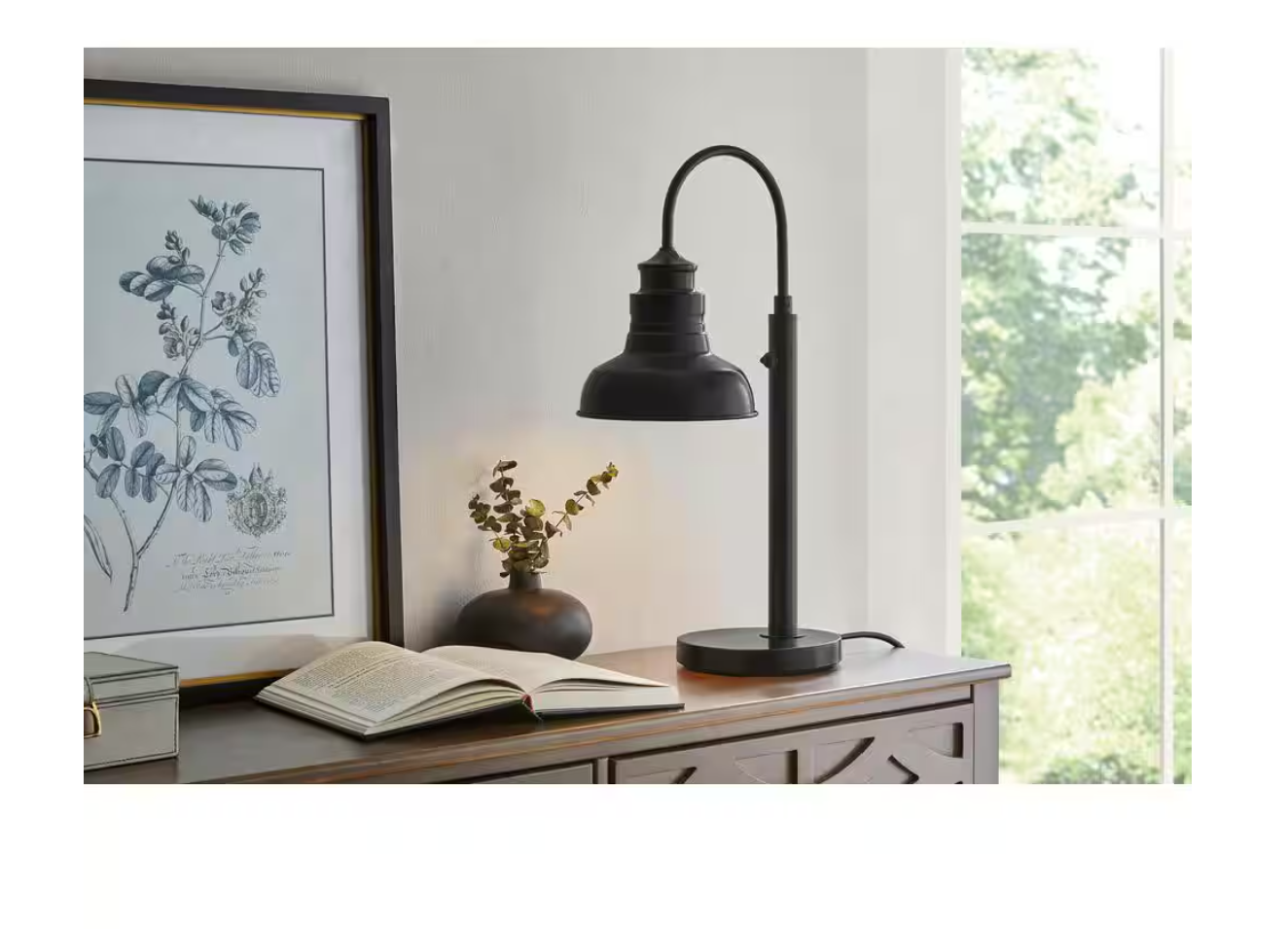 Hampton Bay Elmcroft 23.75 in. Matte Black Outdoor-Rated Plug-In 1-Light Table Lamp with Metal Shade - Use with 13-Watt Max LED Bulb