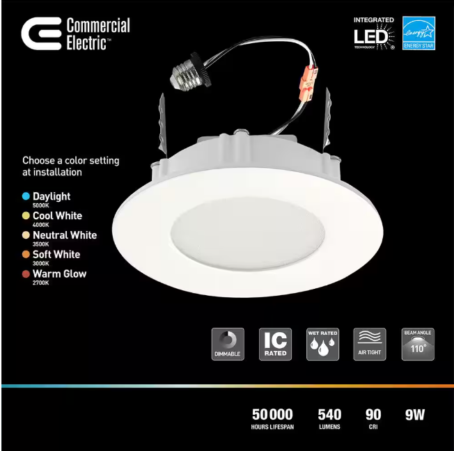 (3-Pack) Commercial Electric Ultra Slim Integrated LED 4 in Round Adj Color Temp Canless Recessed Light