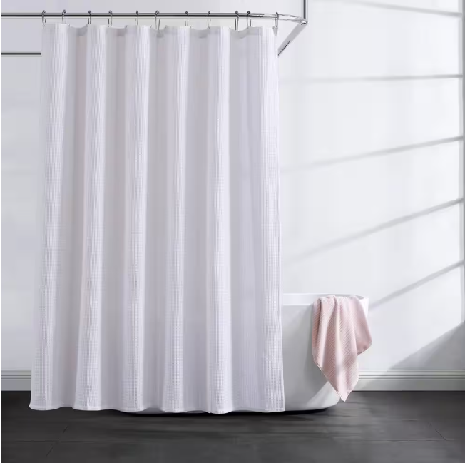 KENNETH COLE NEW YORK Waffle 1-Piece White Cotton Blend 70 in. x 72 in. Shower Curtain