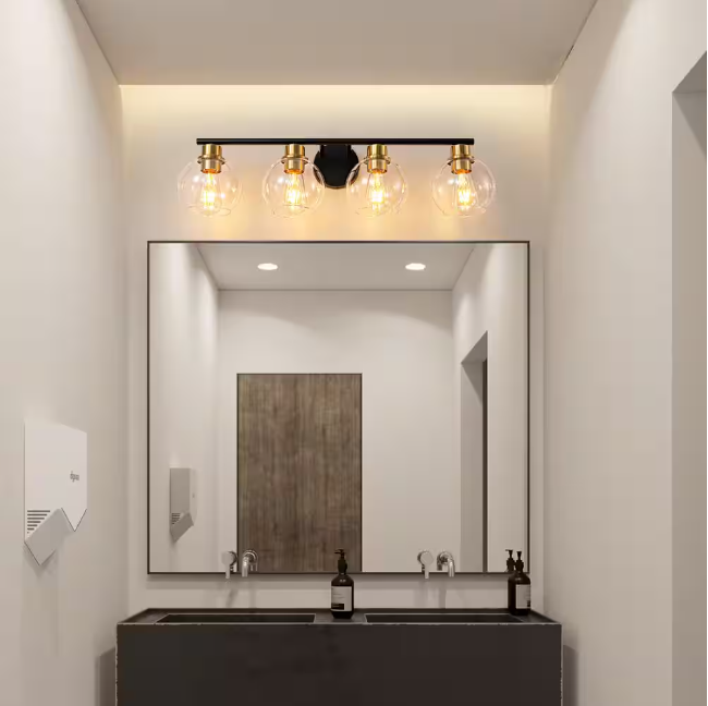 Deyidn 7.9 in. 4-Lights Matte Black and Gold Bathroom Vanity Light Accents and Clear Glass Shades