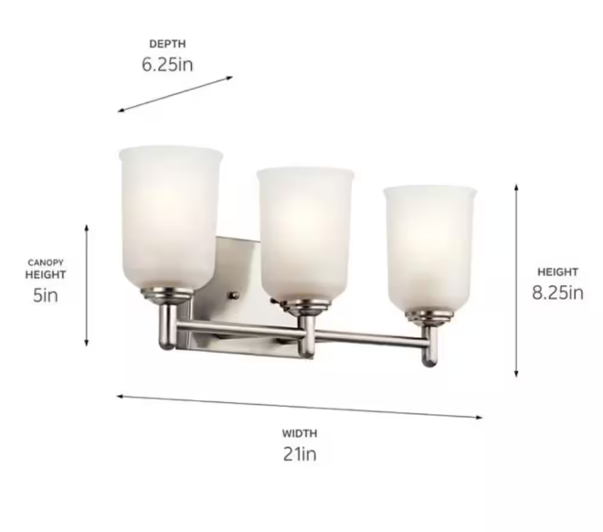 KICHLER Shailene 21 in. 3-Light Brushed Nickel Traditional Bathroom Vanity Light with Satin Etched Glass