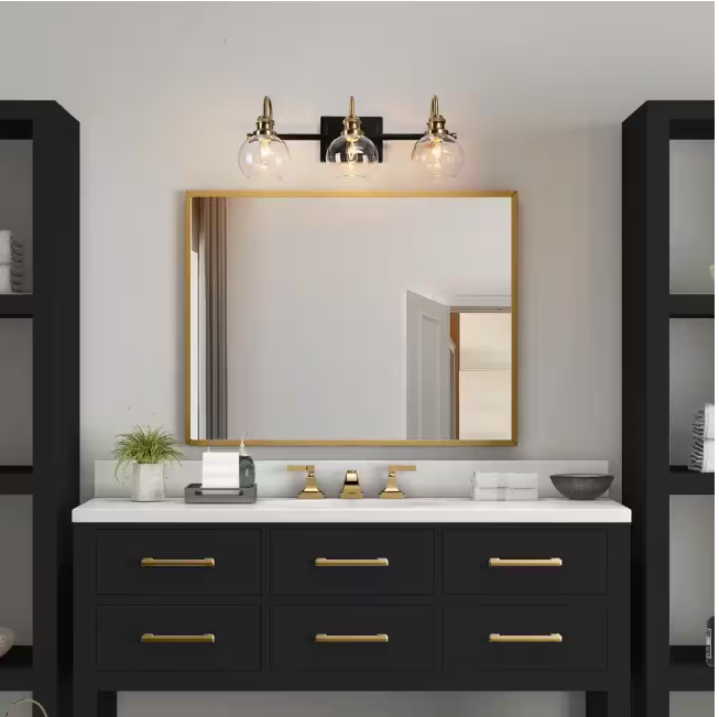 Zevni Modern 22 in. 3-Light Black Bathroom Vanity Light, Powder Room Rustic Vanity Light, Clear Glass Brass Gold Wall Light