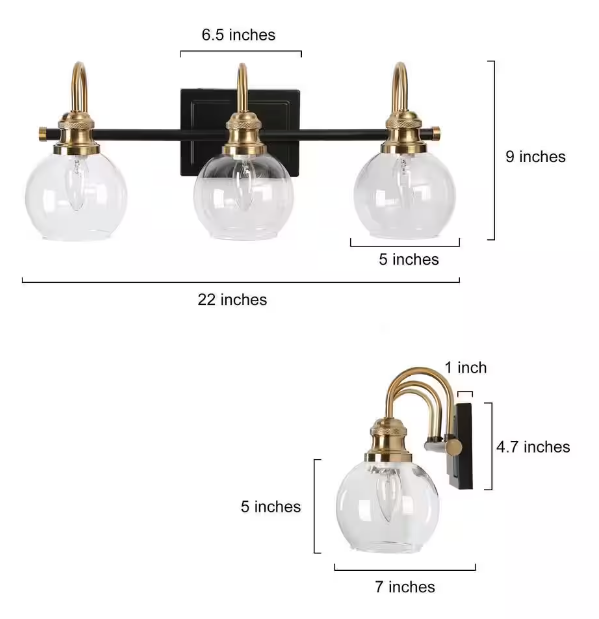 Zevni Modern 22 in. 3-Light Black Bathroom Vanity Light, Powder Room Rustic Vanity Light, Clear Glass Brass Gold Wall Light