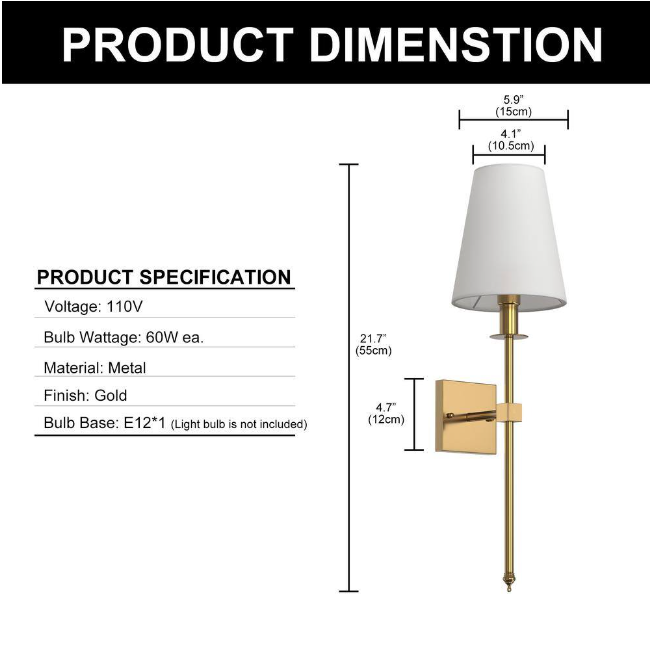 YANSUN 5.9 in.1-Light Gold Mid-Century Wall Sconce with White Fabric Shade for Bathroom Hallway