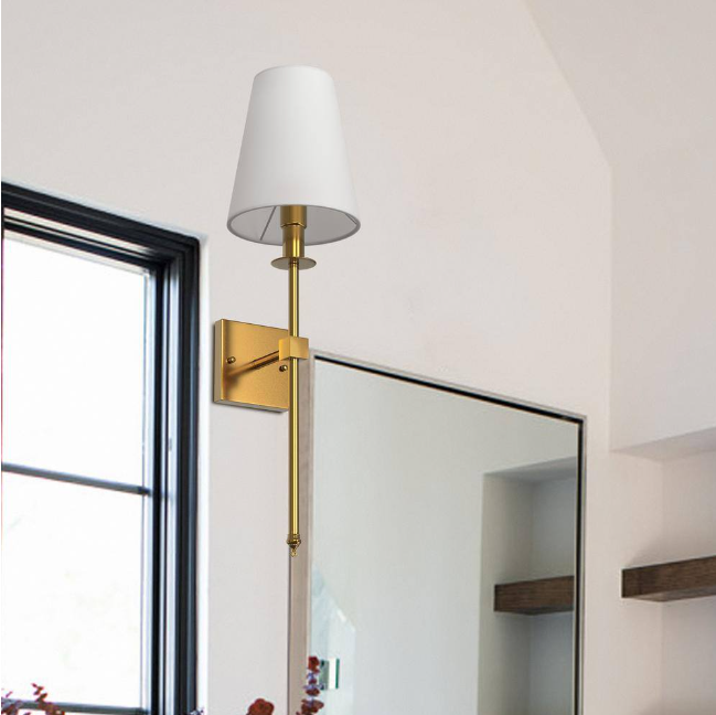 YANSUN 5.9 in.1-Light Gold Mid-Century Wall Sconce with White Fabric Shade for Bathroom Hallway