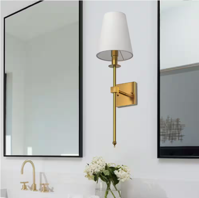 YANSUN 5.9 in.1-Light Gold Mid-Century Wall Sconce with White Fabric Shade for Bathroom Hallway