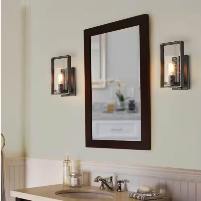 LNC Modern Transitional Wall Sconce 1-Light Brushed Gray Linear Rectangle Wall Light with Cylinder Seeded Glass Shade
