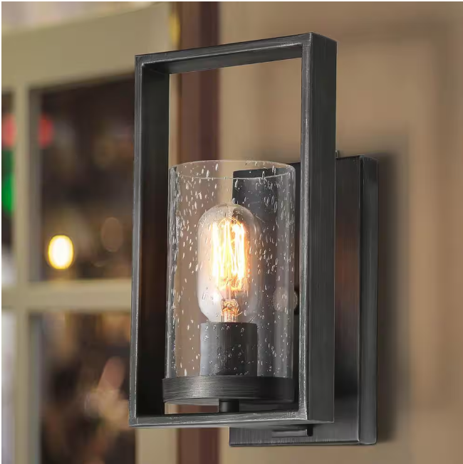 LNC Modern Transitional Wall Sconce 1-Light Brushed Gray Linear Rectangle Wall Light with Cylinder Seeded Glass Shade