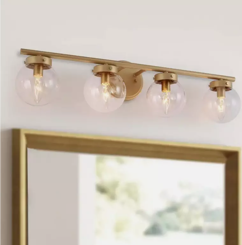 Uolfin Farmhouse Gold Bathroom Vanity Light, 28 in. 4-Light Wall Sconce Light with Clear Glass Shades