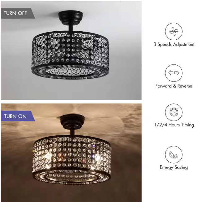 ANTOINE 17 in. Indoor Crystal Caged Ceiling Fan with Lights and Remote Enclosed Ceiling Fan Small Black Fandelier17 in. Indoor Crystal Caged Ceiling Fan with Lights and Remote Enclosed Ceiling Fan Small Black Fandelier