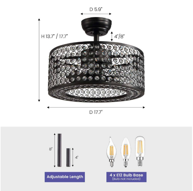 ANTOINE 17 in. Indoor Crystal Caged Ceiling Fan with Lights and Remote Enclosed Ceiling Fan Small Black Fandelier17 in. Indoor Crystal Caged Ceiling Fan with Lights and Remote Enclosed Ceiling Fan Small Black Fandelier