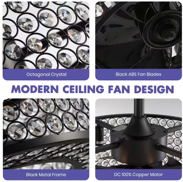ANTOINE 17 in. Indoor Crystal Caged Ceiling Fan with Lights and Remote Enclosed Ceiling Fan Small Black Fandelier17 in. Indoor Crystal Caged Ceiling Fan with Lights and Remote Enclosed Ceiling Fan Small Black Fandelier