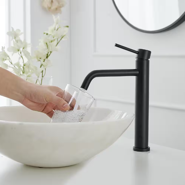 BWE Single Hole Single Handle Bathroom Vessel Sink Faucet With Pop Up Drain Without Overflow in Matte Black