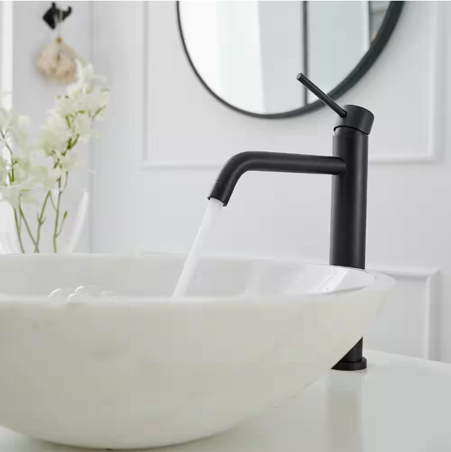 BWE Single Hole Single Handle Bathroom Vessel Sink Faucet With Pop Up Drain Without Overflow in Matte Black