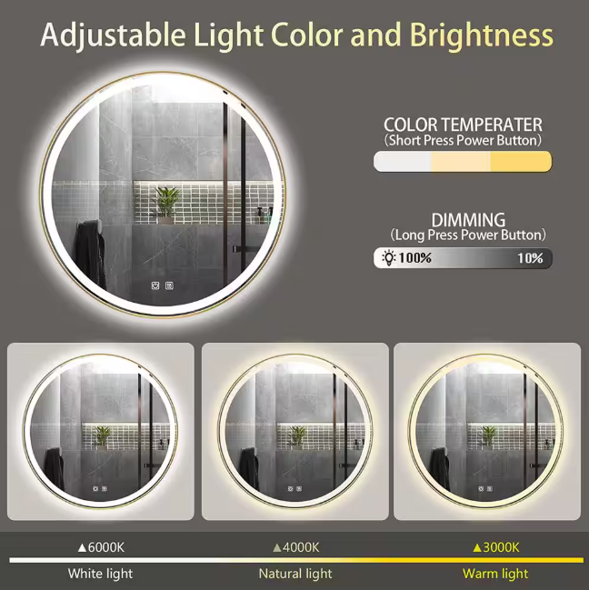 ELLO&ALLO 30 in. W x 30 in. H Round Aluminum Framed LED Light with 3-Color and Anti-Fog Wall Mount Bathroom Vanity Mirror in Gold