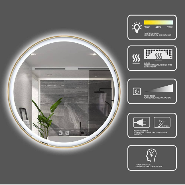 ELLO&ALLO 30 in. W x 30 in. H Round Aluminum Framed LED Light with 3-Color and Anti-Fog Wall Mount Bathroom Vanity Mirror in Gold
