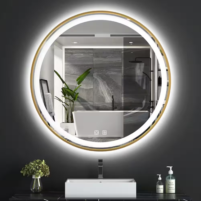 ELLO&ALLO 30 in. W x 30 in. H Round Aluminum Framed LED Light with 3-Color and Anti-Fog Wall Mount Bathroom Vanity Mirror in Gold