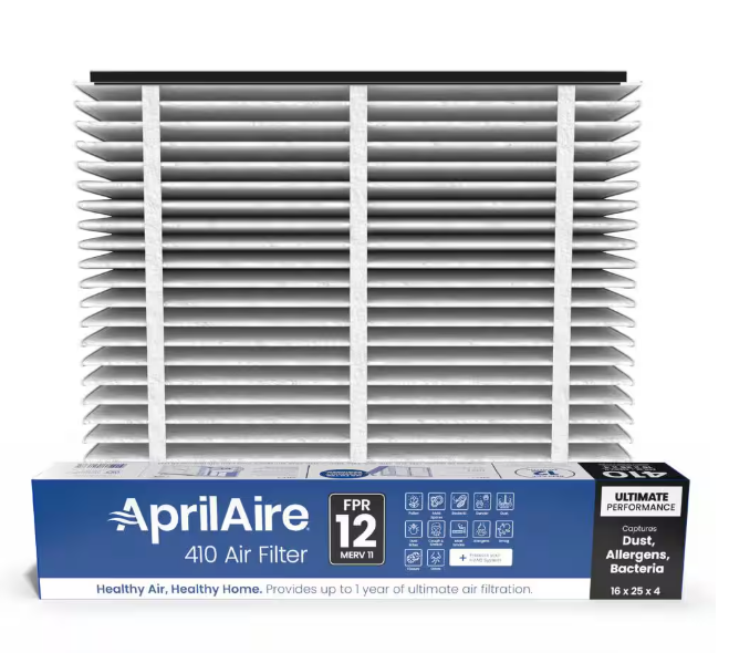 AprilAire 410 16 in. x 25 in. x 4 in. MERV 11 FPR 12 Pleated Filter For Air Cleaner Models 1410/1610/2410/2416/3410/4400 (1-Pack)