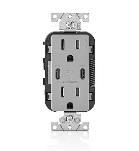 Leviton Decora 15 Amp Tamper Resistant Duplex Outlet with 30W USB-C Power Delivery Charger, Gray (1-Pack)