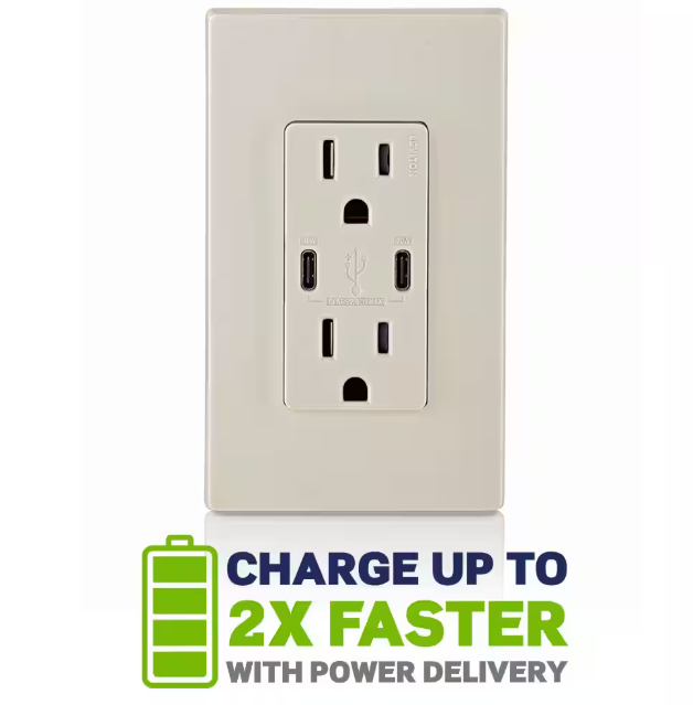 Leviton Decora 15 Amp Tamper Resistant Duplex Outlet with 30W USB-C Power Delivery Charger, Gray (1-Pack)