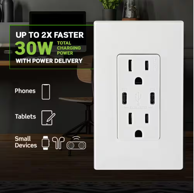 Leviton Decora 15 Amp Tamper Resistant Duplex Outlet with 30W USB-C Power Delivery Charger, Gray (1-Pack)