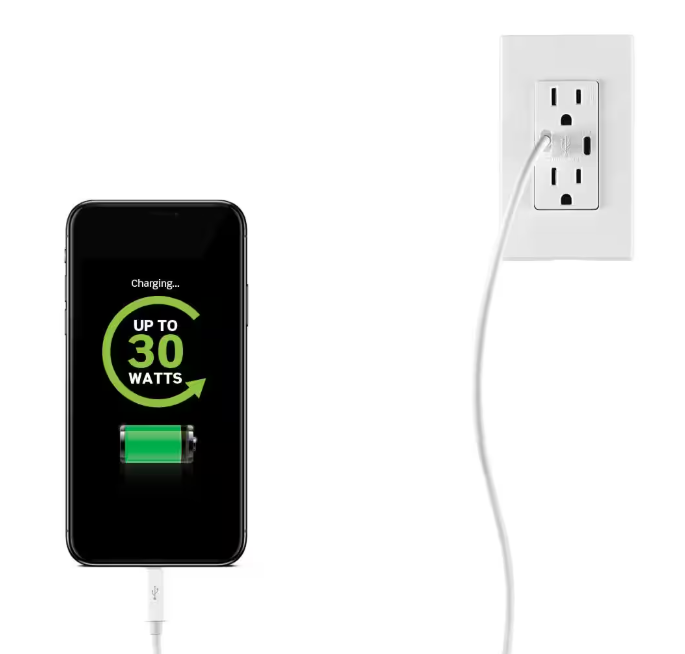 Leviton Decora 15 Amp Tamper Resistant Duplex Outlet with 30W USB-C Power Delivery Charger, Gray (1-Pack)