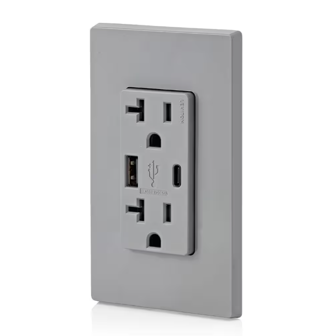 Leviton 20 Amp Type A and Type-C USB Charger/Tamper Resistant Receptacle, Gray