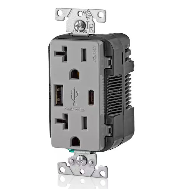 Leviton 20 Amp Type A and Type-C USB Charger/Tamper Resistant Receptacle, Gray
