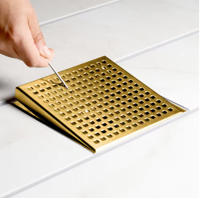 Oatey Designline 4 in. x 4 in. Stainless Steel Square Shower Drain with Square Pattern Drain Cover in Brushed Gold