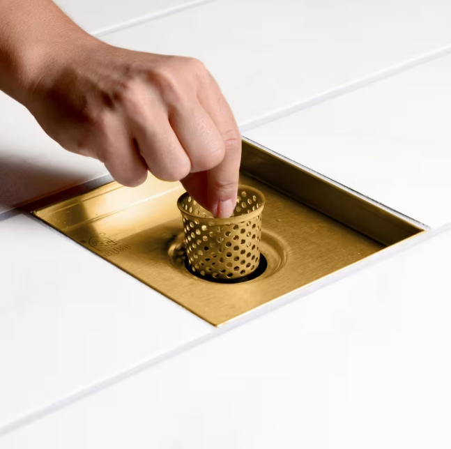 Oatey Designline 4 in. x 4 in. Stainless Steel Square Shower Drain with Square Pattern Drain Cover in Brushed Gold