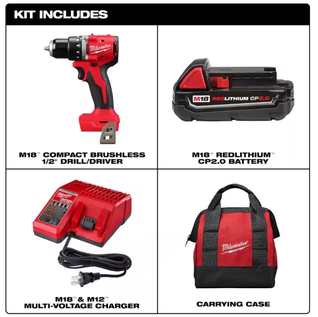 Milwaukee M18 18V Lithium-Ion Brushless Cordless 1/2 in. Compact Drill/Driver with One 2.0 Ah Battery, Charger and Tool Bag