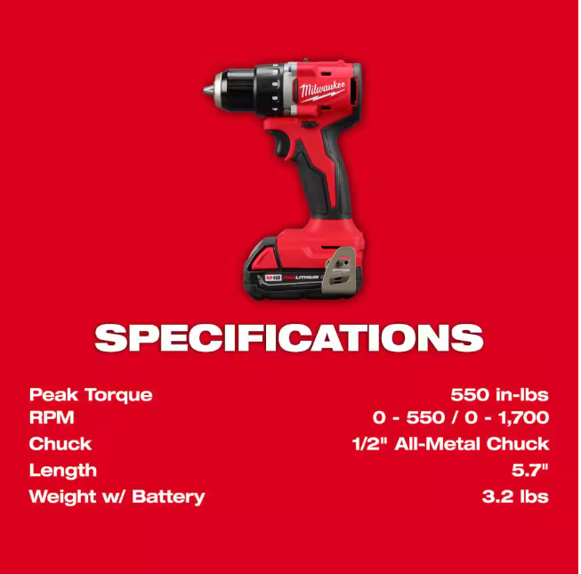 Milwaukee M18 18V Lithium-Ion Brushless Cordless 1/2 in. Compact Drill/Driver with One 2.0 Ah Battery, Charger and Tool Bag