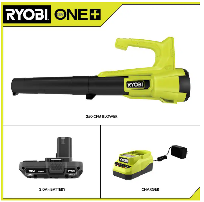 RYOBI ONE+ 18V 90 MPH 250 CFM Cordless Battery Leaf Blower/Sweeper with 2.0 Ah Battery and Charger