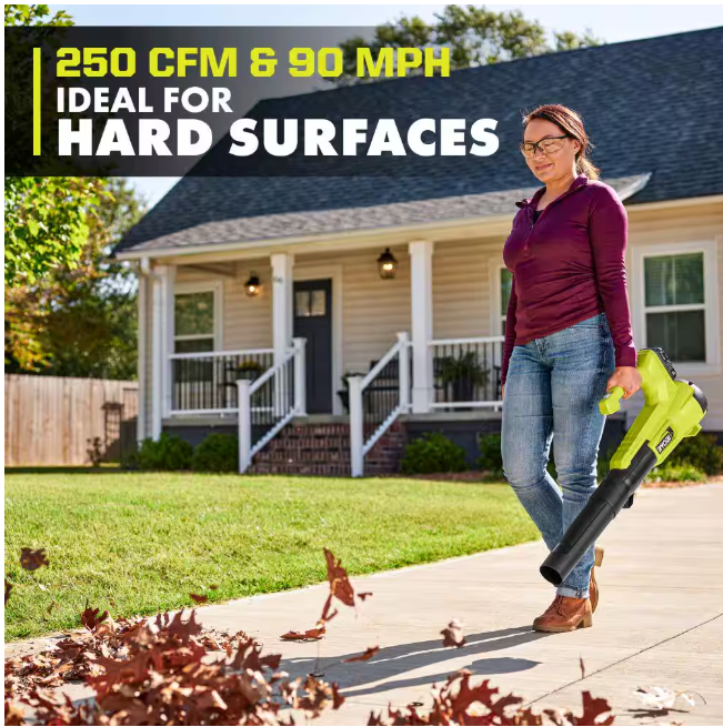 RYOBI ONE+ 18V 90 MPH 250 CFM Cordless Battery Leaf Blower/Sweeper with 2.0 Ah Battery and Charger