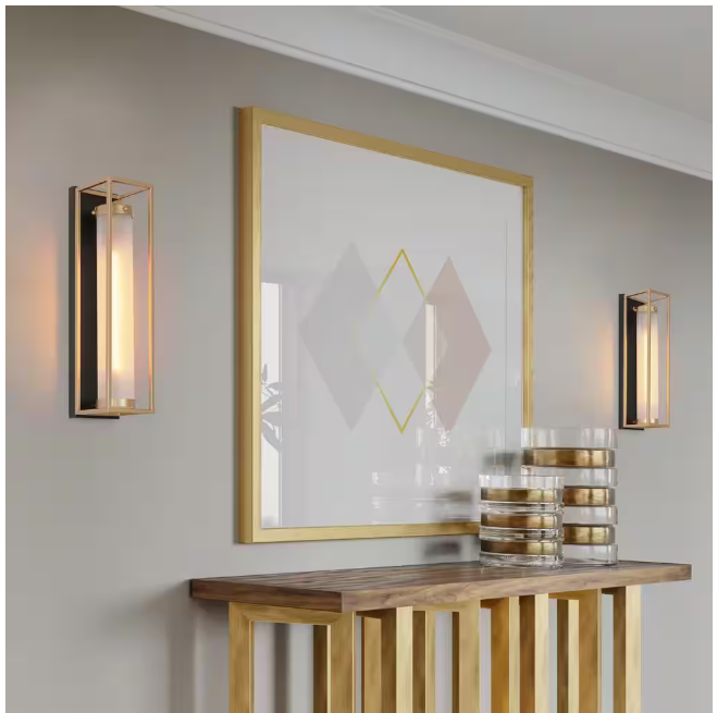 Zevni 1-Light Dark Gold Modern Wall Sconce, Tube Frosted Glass Black Wall Light, Farmhouse Geometric Bathroom Vanity Light