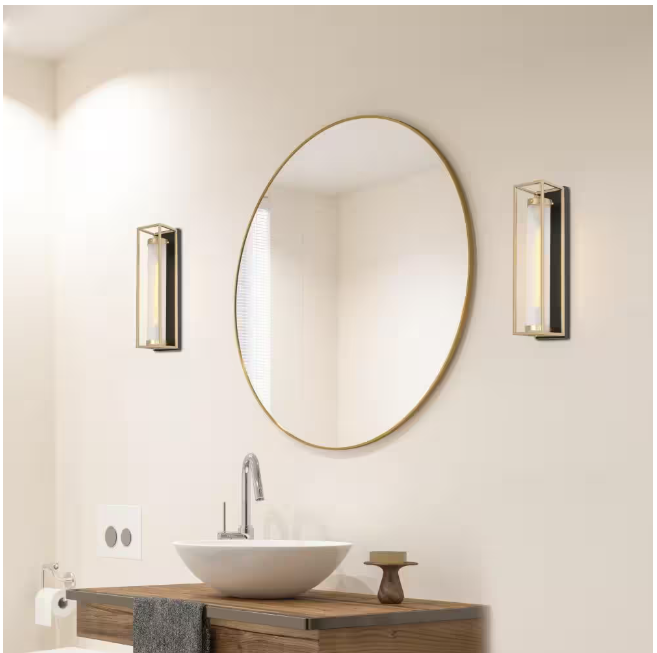 Zevni 1-Light Dark Gold Modern Wall Sconce, Tube Frosted Glass Black Wall Light, Farmhouse Geometric Bathroom Vanity Light