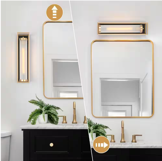 Zevni 1-Light Dark Gold Modern Wall Sconce, Tube Frosted Glass Black Wall Light, Farmhouse Geometric Bathroom Vanity Light
