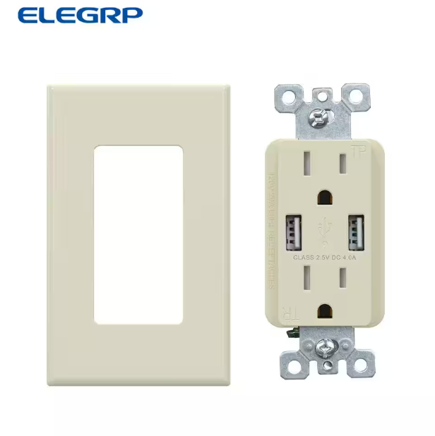 ELEGRP 4.0 Amp Dual USB Ports with Smart Chip, 15 Amp Duplex Tamper Resistant Outlet, Wall Plate Included, Almond (2-Pack)