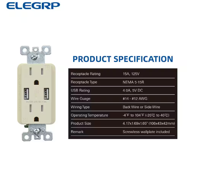 ELEGRP 4.0 Amp Dual USB Ports with Smart Chip, 15 Amp Duplex Tamper Resistant Outlet, Wall Plate Included, Almond (2-Pack)