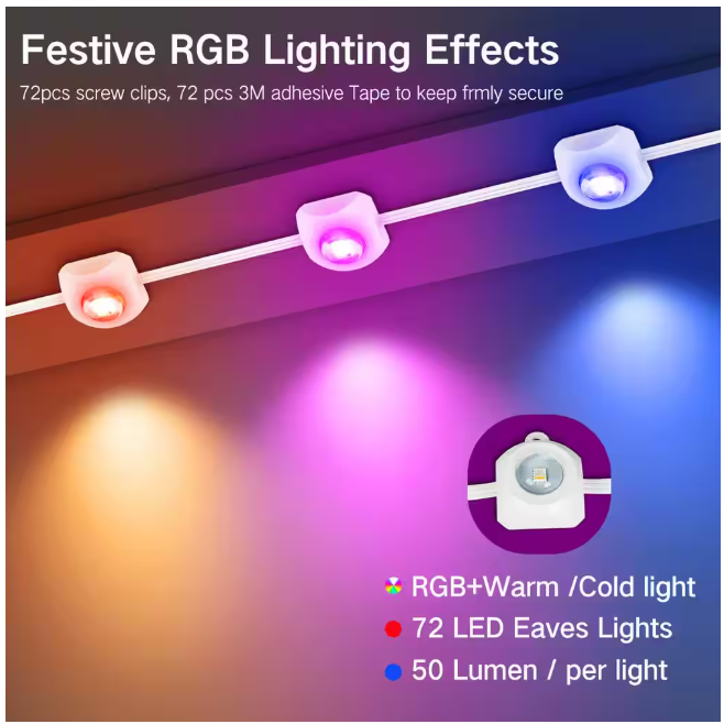 BICIK RGBIC Permanent 72 Light 100 ft. Outdoor Plug-In Integrated LED Novelty String-Light with IP65 Waterproof Housing
